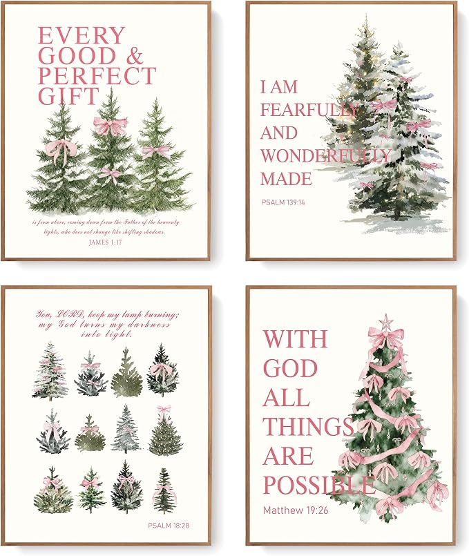 LARTSFRO Coquette Pink Bow Christmas Tree Gifts Wall Art Decor Posters, Pink Bow Christmas Christian Room Bathroom Bedroom Dorm Wall Art Decor Aesthetic for College Teen Girls Gifts, Inspirational Bible Verses Bow Wall Decor, 10x8 Inch Set of 4 Pcs Chr...