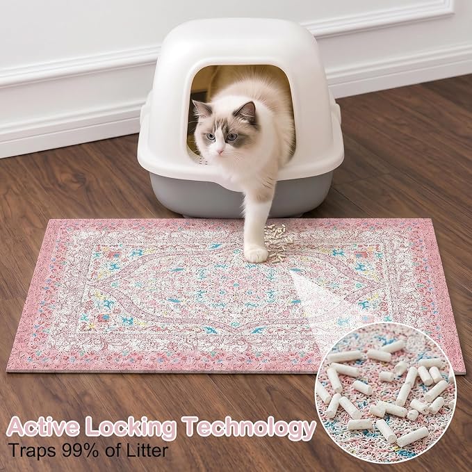 Glittme Cat Litter Mat, 47"x35" Non-Slip Washable Trapping Mat for Cats | Litter Trapping Mat With Thick PVC Coil To Catch Scatter, Soft On Paws And Waterproof Bottom To Protect Floors