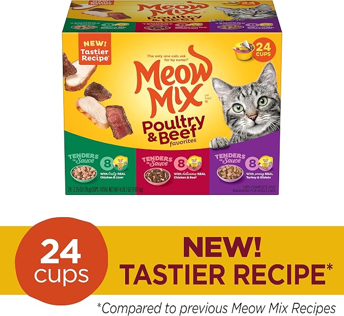 Meow Mix Poultry & Beef Favorites, Wet Food Variety Pack, 24 Cups