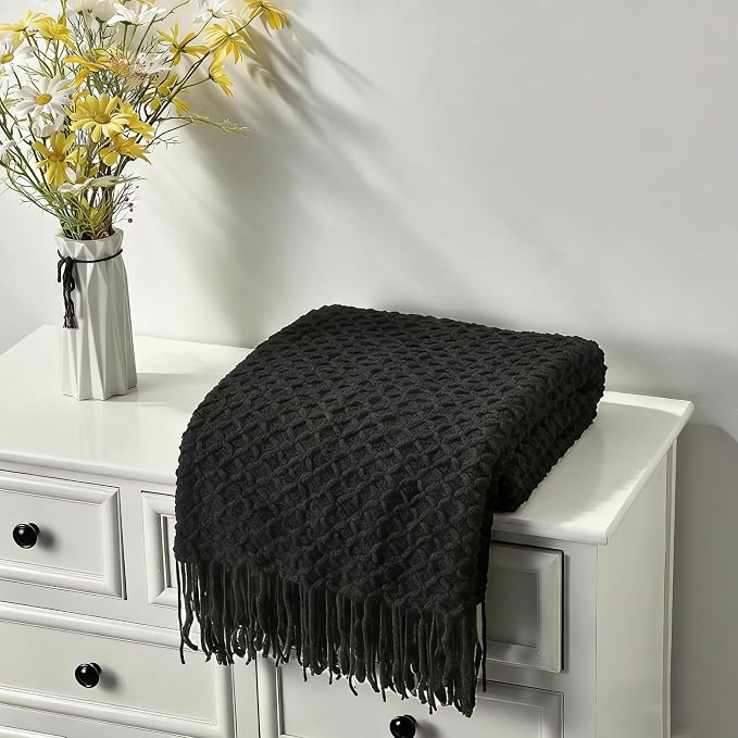 CREVENT Farmhouse Boho Knitted Throw Blanket for Couch Sofa Chair Bed Home Decoration, Soft Warm Cozy Light Weight for Spring Summer Fall (50''X60'' Black)