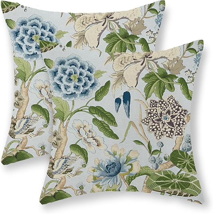 Baby Blue Green Pillow Covers 20x20 Inch Set of 2 Vintage Blue Floral Throw Pillows Chinoiserie Flower Decorative Pillow Case Outdoor Linen Farmhouse Cushion Cover for Couch Sofa Decorations