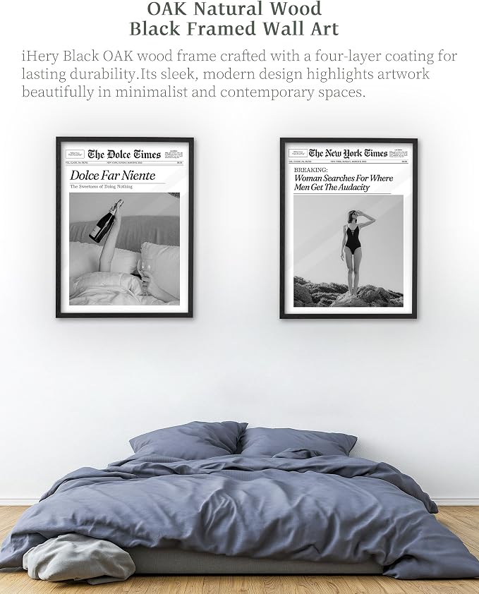 iHery 12x16in Dolce Far Niente Black Framed Newspaper Wall Art | Premium Black Natural OAK Wood Frame with Canvas Print, The Sweetness of Doing Nothing Decor for Bedroom, Living Room 1Pack