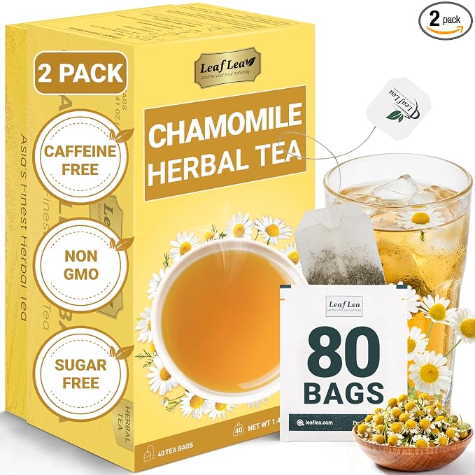 LeafLea Chamomile Herbal Tea Bags, Calm Evening Routine, 80 Count | From Chamomile Flowers, Smooth Floral Taste, Caffeine-Free, Naturally Sugar-Free, Non-GMO, Individually Wrapped