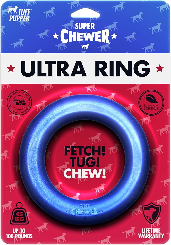 Tuff Pupper SuperChewer Tough Dog Ring Toy | Lifetime Replacement | Strong Natural Rubber | Chew Toys for Aggressive Chewers | Durable Tug Play | Strong Dog Ring Toy | Large Breed Tested