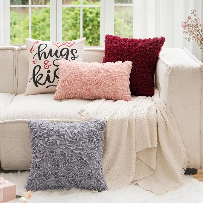 MIULEE Decorative Rose Flower Pillow Covers Pack of 2 Grey 16x16 Inch | Cute Romantic Stereo Chiffon Throw Pillow Cover Aesthetic Solid Pillowcase for Girl Coquette Room Decor Coach Bedroom