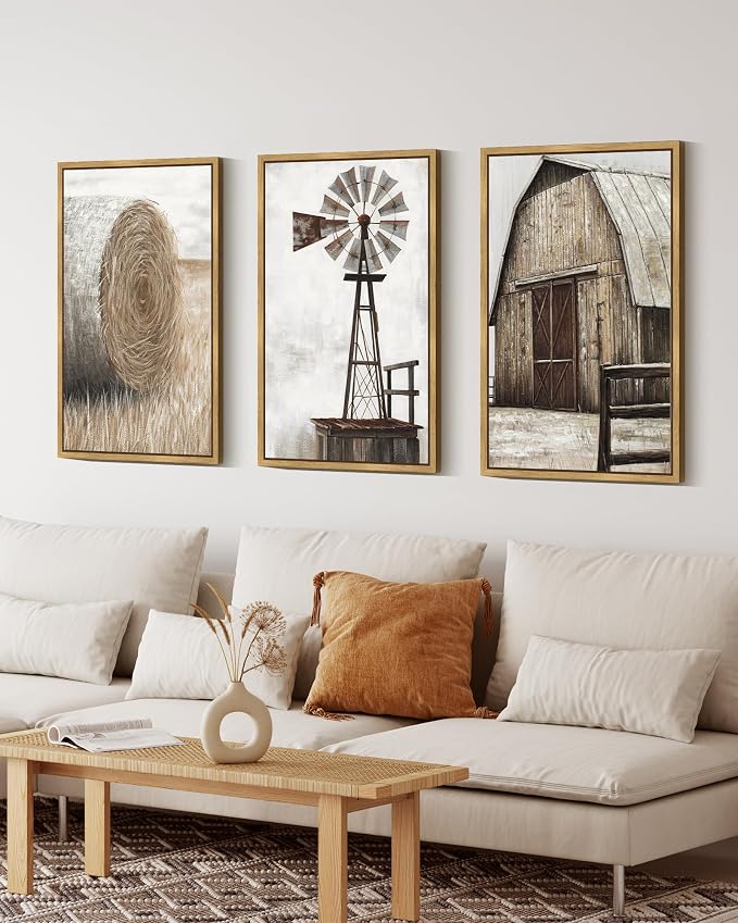 Drsoum Farmhouse Wall Art Vintage Rustic Windmill Barn Cornfield Pictures Framed Painting Landscape Countryside Rural Canvas Artwork Home Decor Ready to Hang 24x36in - Natural Framed