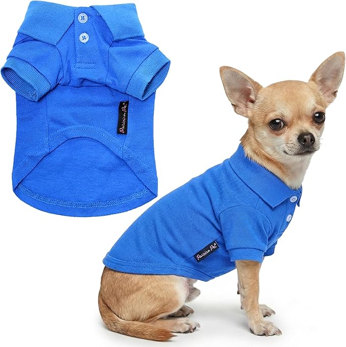 Parisian Pet Dog Polo Shirt – Classic Blue Cotton Pet Apparel with Collar & Buttons - Soft Breathable Puppy T-Shirt - Cute Dog Clothes - Ideal Summer Clothes for Small Dogs - Shirts for Dogs Boy