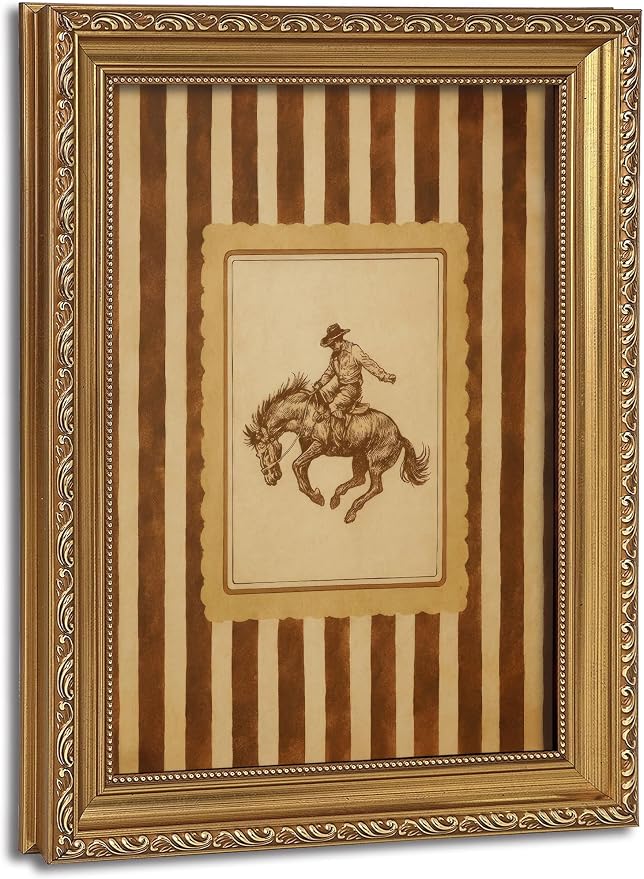 Vintage Gold Framed Wall Art Rodeo Cowboy Horse Canvas Print 16x24in | Western Wall Art, Postage Design, Mid Century Southwest, With Stripes, For Living Room Bedroom Bathroom