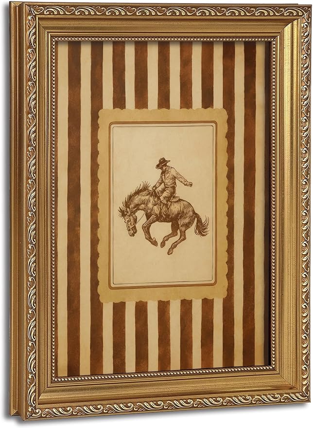 Vintage Gold Framed Wall Art Rodeo Cowboy Horse Canvas Print 9x11in | Western Wall Art, Postage Design, Mid Century Southwest, With Stripes, For Living Room Bedroom Bathroom
