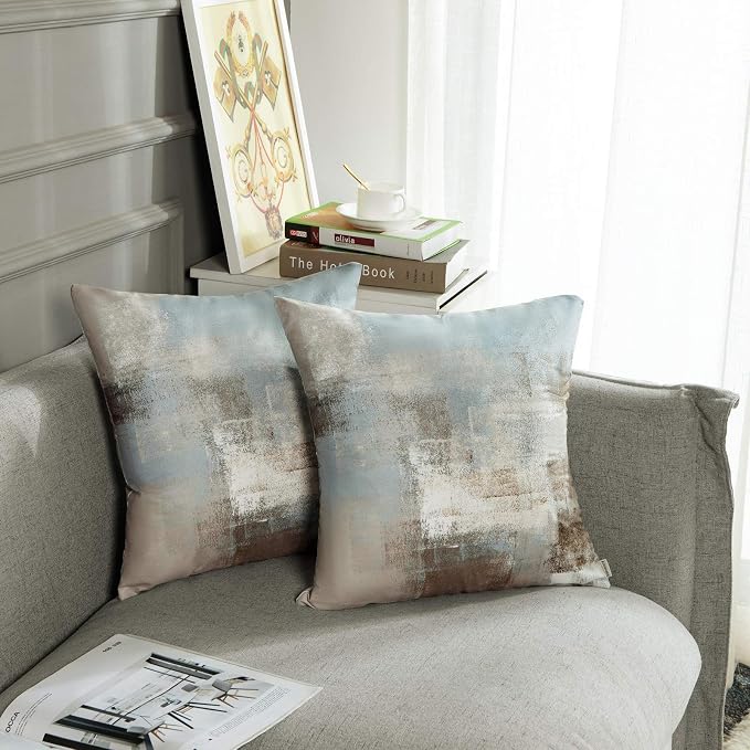 Throw Pillow Covers Set of 2, 18 x 18 Inch, Grey Beige Teal | Abstract Modern Art Outdoor Decorative Square Pillow Cases Couch Cushion Case for Couch Bed Sofa Living Room Home Decor