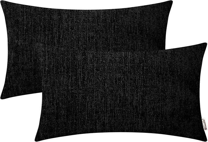 BRAWARM Throw Pillow Covers 12x20 Inches - Black Chenille Lumbar Pillow Covers Pack of 2, Solid Dyed Soft Chenille Pillow Cases for Couch Sofa Bed Home Decoration