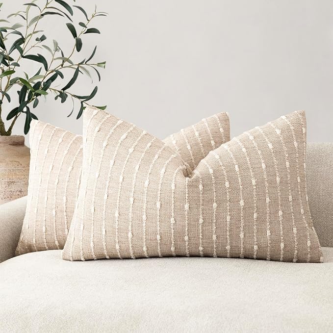 Foindtower Pack of 2 Decorative Jacquard Boucle Lumbar Throw Pillow Covers Accent Textured Striped Pillowcases Cozy Boho Cushion for Couch Sofa Bedroom Living Room Home Decor 12x20 Inch Natural Beige