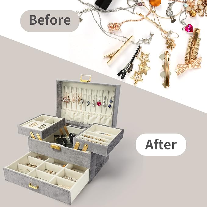 Jewelry Organizer Box, Large Velvet Jewelry Boxes for Women Girls, Space-Saving 3 Layers Jewelry Storage Case with Drawer, Movable Metal Stand, Modern, Gift Idea (Grey)