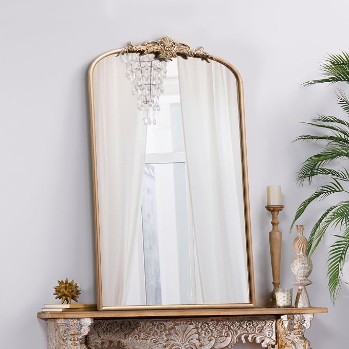 Besdomus Vintage Large Wall Mirror: 24"x42" French Gold Arch Vanity Mirrors | Champagne Baroque Antique Decorative - Traditional Ornate for Hallway/Fireplace/Over Sink - Ideal for Bathroom Remodeling