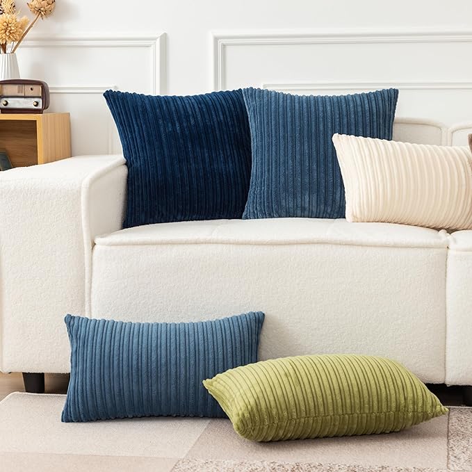 UGASA Striped Textured Velvet Corduroy Decorative Europe Sham Throw Pillow Cushion Cover for Couch, 2 Packs, (61x61 cm, 24inch), Navy Blue