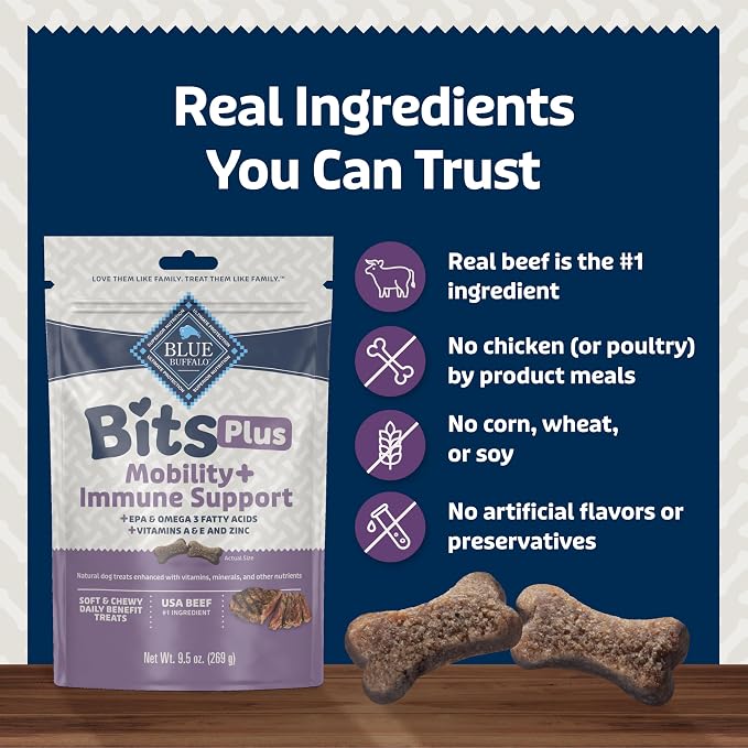 Blue Buffalo Bits Plus Beef Dog Treats, 9.5 oz | Mobility Support, EPA & Omega 3 Fatty Acids, Vitamin A, E & Zinc for Immune Support