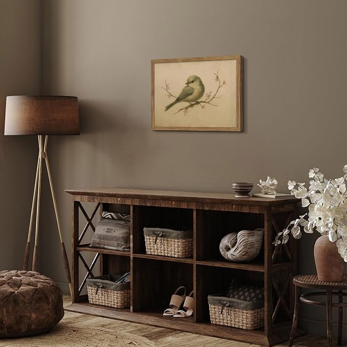 Vintage Bird Wall Art, Cherry Blossom Spring Pictures Canvas Wall Decor, Rustic Farmhouse Bird Animal Artwork Print Poster for Living Room Bedroom Bathroom 16x24 Inch Framed