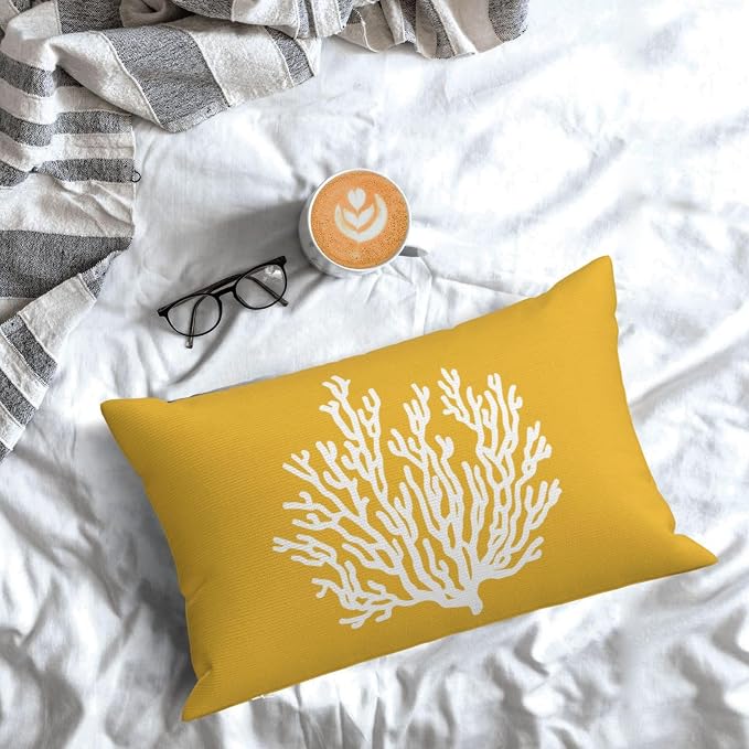 Coastal Pillow Covers 12x20 Inch Set of 2 Yellow Coral Starfish Throw Pillows Nautical Ocean Decorations Summer Linen Beach Pillowcase Outdoor Decor Farmhouse Cushion Case for Home Bedroom