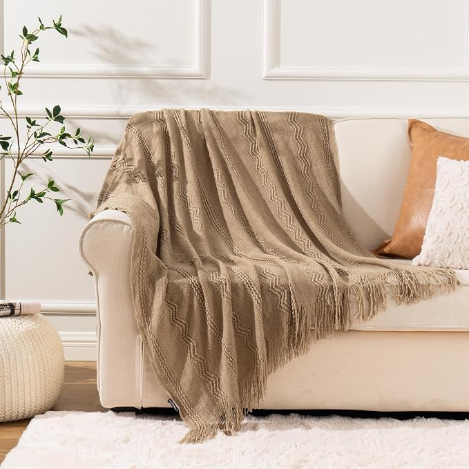 BATTILO HOME Tan Throw Blanket for Couch, 50"x60" | Taupe Throw Blanket for Home Decor, Lightweight Decorative Knit Throw Blanket
