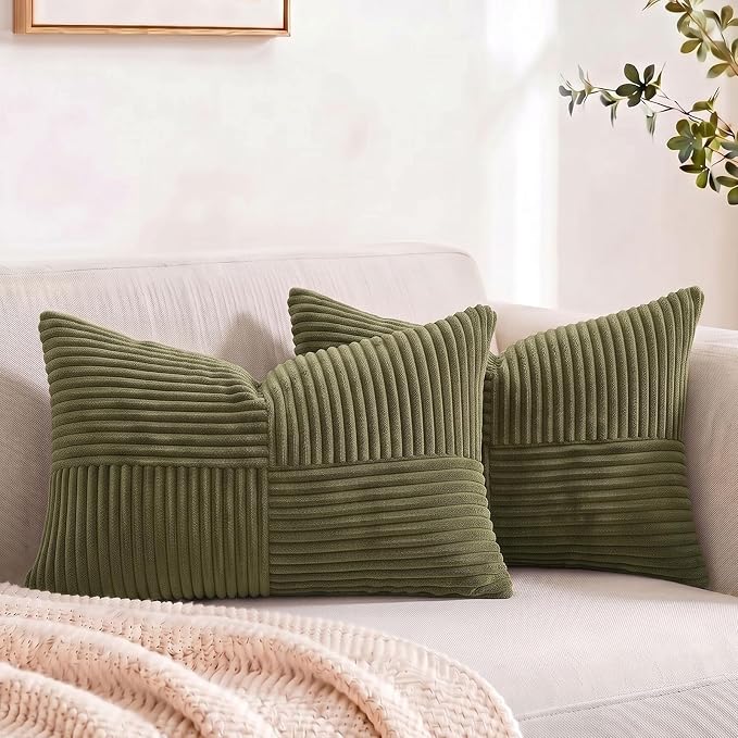 Fancy Homi 2 Packs Olive Green Long Lumbar Decorative Throw Pillow Covers 16x24 Inch for Couch Bed Sofa, Rustic Farmhouse Boho Home Decor, Soft Striped Corduroy Rectangle Accent Cushion Case 40x60 cm