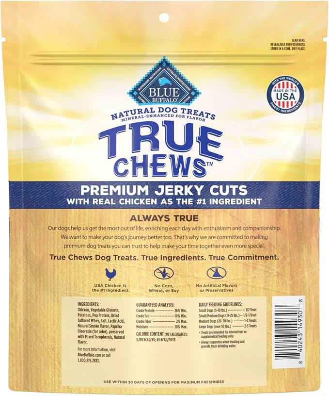 Blue Buffalo True Chews Premium Jerky Cuts Dog Treats, Made in the USA with Natural Ingredients, Chicken, 12-oz Bag, (Pack of 6)