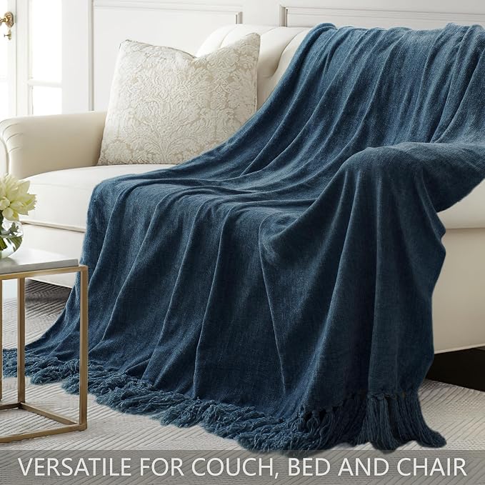 Chenille Throw Blanket for Couch 60" x 80" Twin, Navy Blue | Soft Cozy Warm Throws with Fringe Tassel, for Living Room Bed Sofa Chair Cover, Lightweight Knitted Decorative Boho Blankets