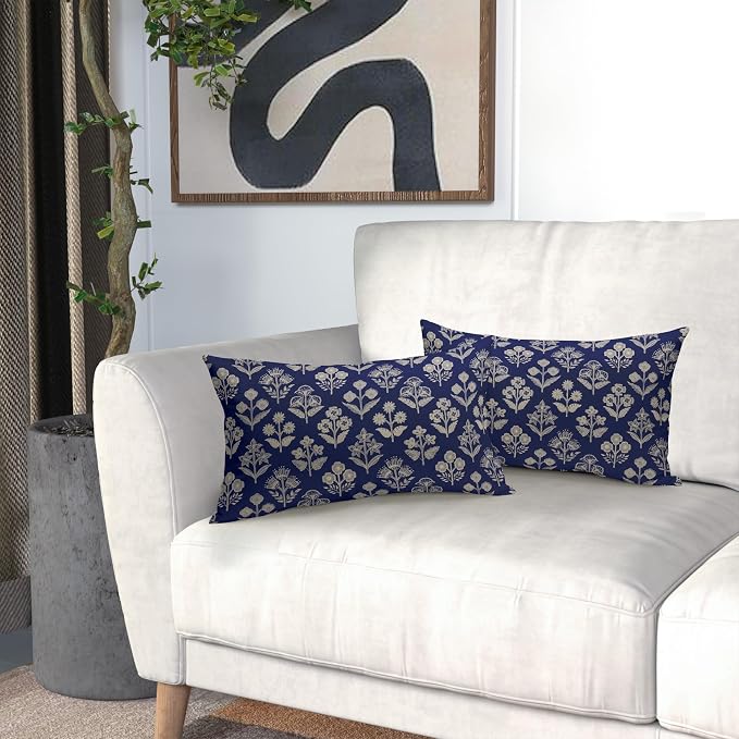 Navy Blue Pillow Covers 12x20 Inch Set of 2, Cream Floral Block Print Pattern Lumbar Decorative Throw Pillowcases Outdoor Farmhouse Rectangle Cushion Covers Spring Summer Sofa Couch Bed Decor