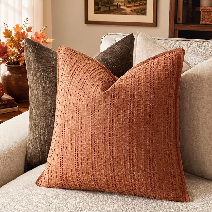 Foindtower Set of 2 Decorative Cotton Waffle Weave Throw Pillow Covers Euro Shams Cushion Covers Accent European Pillowcase for Bed Couch Sofa Bedroom Living Room Home Decor 18×18 Inch Burnt Orange