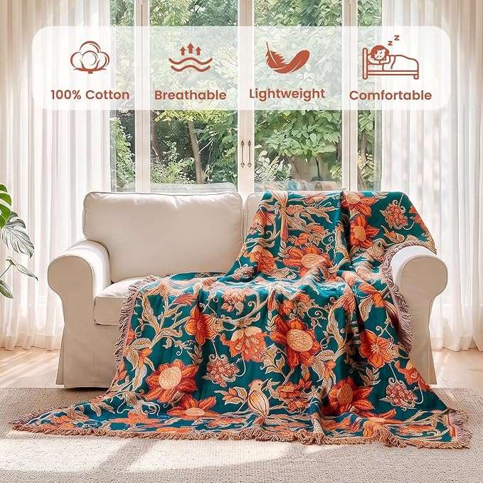 MSGKV Boho Throw Blanket 50"x60" Cotton Bird Floral Blanket for Couch | Muslin Throw, Bird Floral Pattern, Reversible Woven, Lightweight Comfort, Farmhouse Decor, All Seasons, Machine Washable