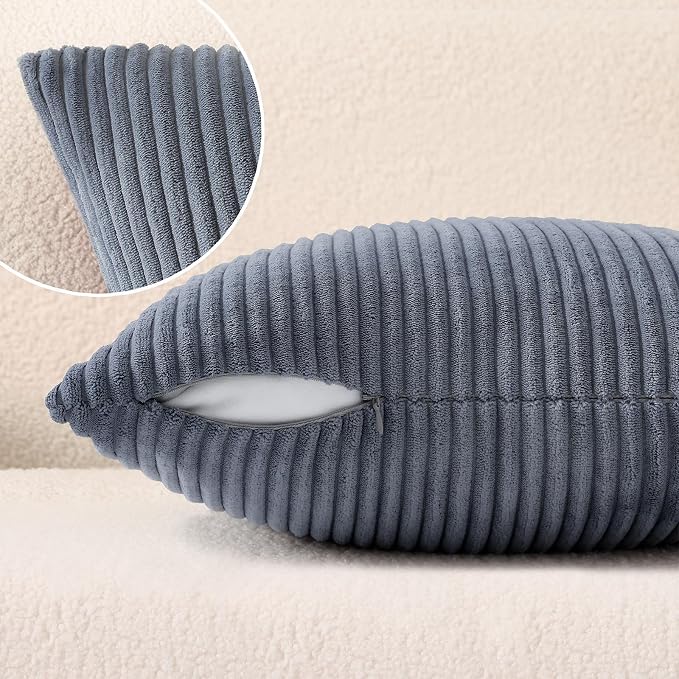 Mecatny Corduroy Decorative Throw Pillow Covers 26x26 Set of 2 Blue Grey | Soft Striped Texture, Hidden Zipper Design, Neutral Boho Square Pillow Cases for Sofa Couch Living Room Bedroom, Home Décor