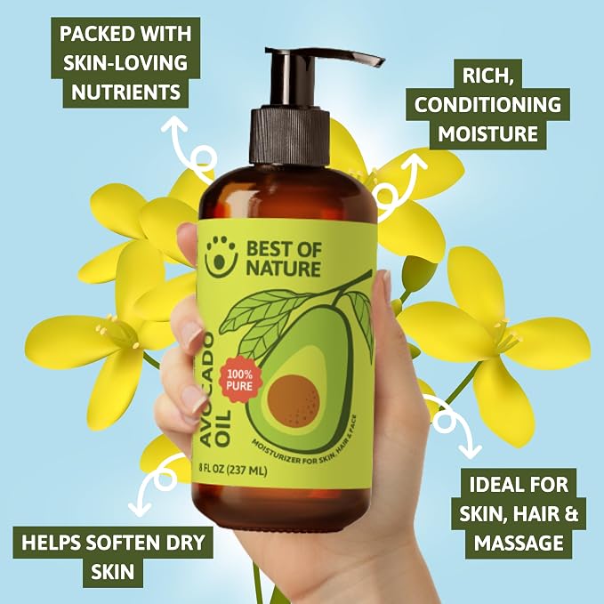 Best of Nature 100% Pure Avocado Oil – Natural Massage Oil, Moisturizing Body & Hair Oil, Unscented Skincare & Carrier for Essential Oils, Half Gallon (64 Fl Oz)