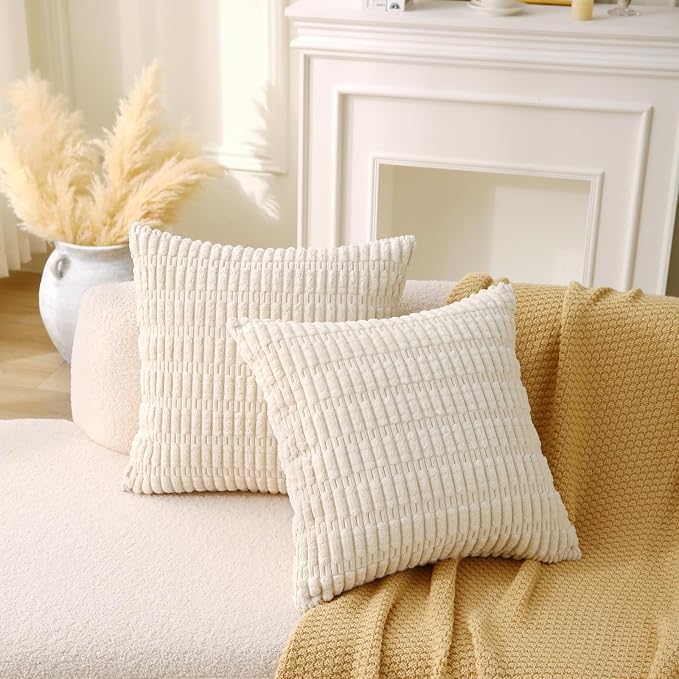 2 Pack Corduroy Decorative Throw Pillow with Inserts, 20x20 Inch Soft Boho Throw Pillow, Square Striped Throw Pillows for Couch, Bed, Sofa Decor (Beige)