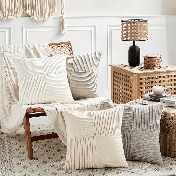 Fancy Homi Neutral Taupe Decorative Throw Pillow Covers 22x22 Inch for Living Room Couch Bed Sofa, Rustic Farmhouse Boho Home Decor, Soft Corss Corduroy Patchwork Accent Cushion Case 55x55 cm