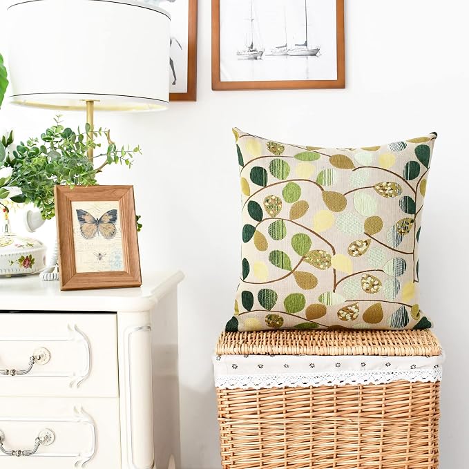 CaliTime Decorative Throw Pillow Covers 20 X 20 Inches Ecru Green | Luxury Chenille Cute Leaves Cushion Case Shell for Couch Sofa Bed Living Room Home