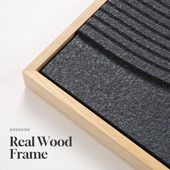 3D Textured Large Framed Boho Neutral Abstract Wall Art Set of 3, 20x30 In | Solid wood frames, raised sculptural lines, black white and beige palette, decorations for living room dining room bedroom
