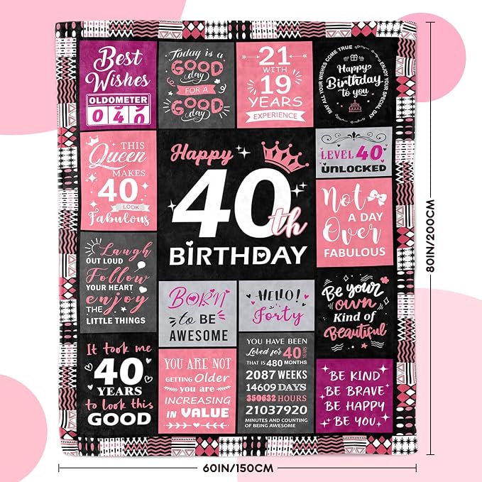 Sruemiul 40th Birthday Gifts Women, Happy 40th Birthday Blanket 60" x 80" | 40th Birthday Decorations for Women, 40 Year Old Birthday Gifts for Women, 1986 40Th Birthday Gift for Her, Daughter, Friend