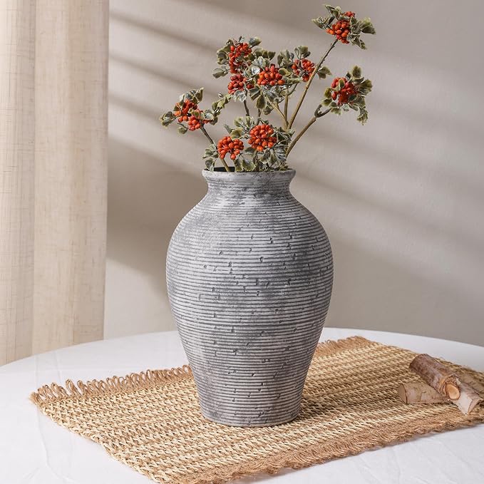 Ceramic Flower Vase Home Decor, 9 in Farmhouse Table Vases Rustic Vintage Living Room Kitchen Bedroom Pottery Decorative Vases for Flowers House Book Shelf Office Coffee Desk Dining Entryway, Grey