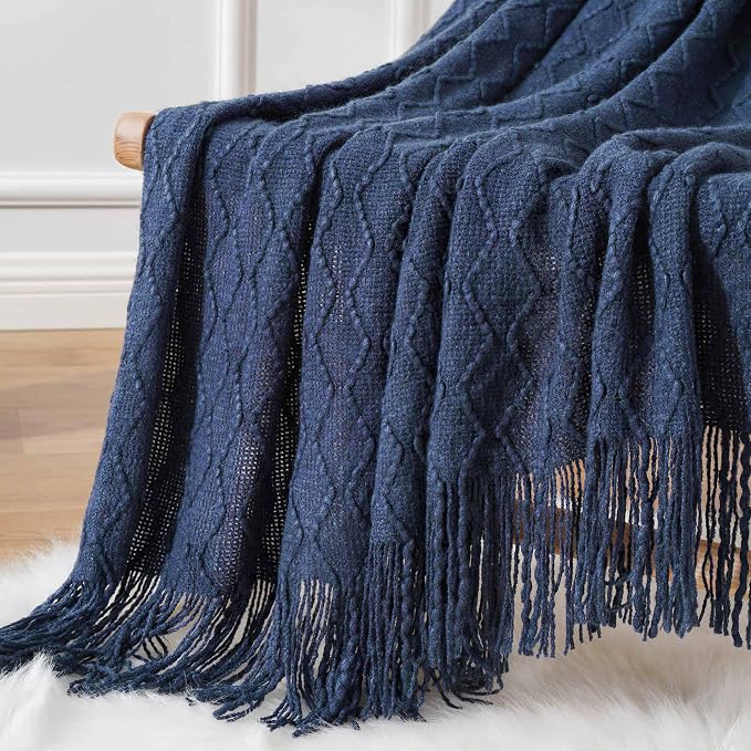 BATTILO HOME Navy Throw Blankets for Couch, Navy Blue Lightweight Decorative Blankets and Throws, Boho Warm Knit Blanket for Men and Women, 50"x60"