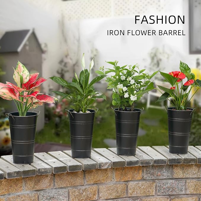 Notakia 12 Inch Large Galvanized Metal Vases Farmhouse French Flower Bucket Vases for Cut Flowers for Home Decor and Wedding Table Centerpiece Decorations (Large Blcak 8Pcs)