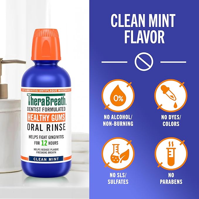 TheraBreath Healthy Gums Oral Rinse, Antigingivitis, Clean Mint Flavor, Dentist Formulated to Help Prevent Gingivitis and Support Gum Health, Alcohol Free, 16 Fl Oz (Pack of 2)