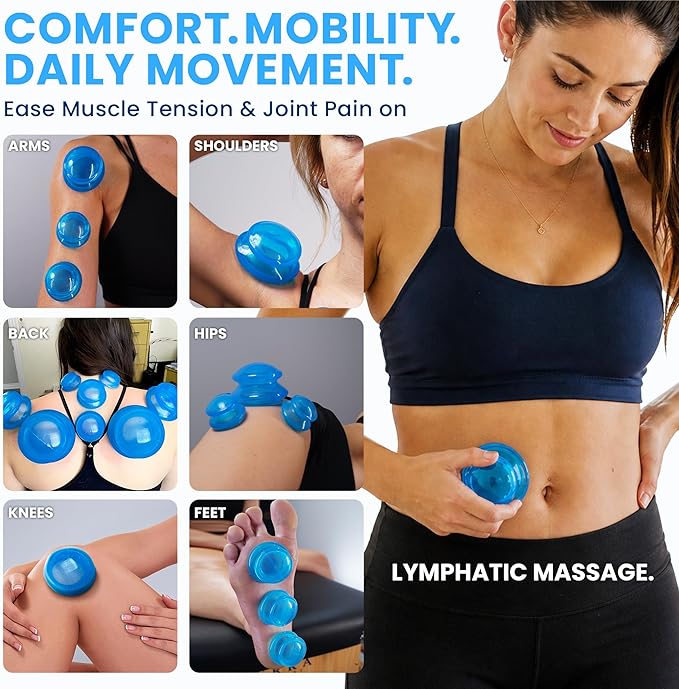 Lure Essentials Edge Silicone Cupping Set, Cupping Kit for Massage Therapy, Long Lasting Cups for Professional & Home Use, Body Sculpt Cup for Cellulite, Ultra Transparent Blue (8 Count)