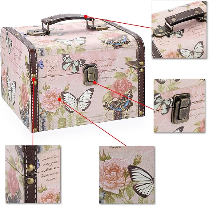 ELLDOO Decorative Treasure Chest Box, Wooden + PU Leather Storage Box for Jewelry Trinkets, Keepsakes box for Girls Women Gifts (Butterfly Pattern, Large)