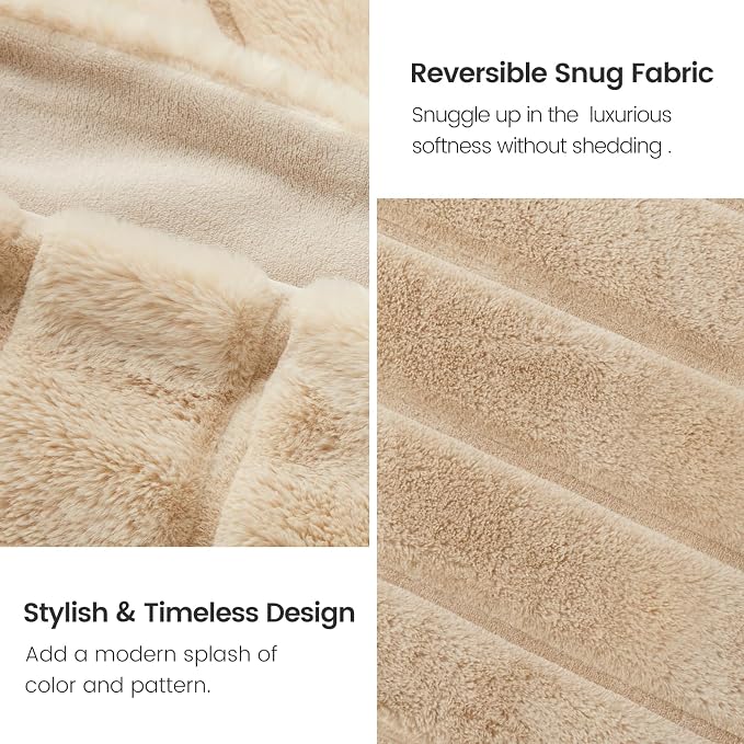 Cozy Bliss Deluxe Sheared Rabbit Faux Fur Throw Blanket, Soft Fuzzy High-Low Sculpted Plush Blanket for Couch, Cozy Home Accent, All Season Use, Khaki 60"x80"