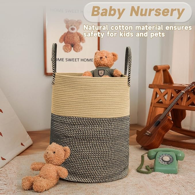 JMvicyroam 60L Cotton Rope Laundry Basket Hamper, Brown and Black | Collapsible laundry basket, reinforced handles, freestanding, machine washable, holds 3-5 thick blankets, clothes or toys