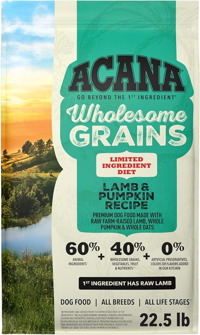 ACANA Wholesome Grains Dry Dog Food Lamb & Pumpkin 22.5lb Bag | Sensitive Stomach, High Protein, Made in the USA, Includes Probiotics, Omega-3 Fatty Acids, Global Quality Ingredients