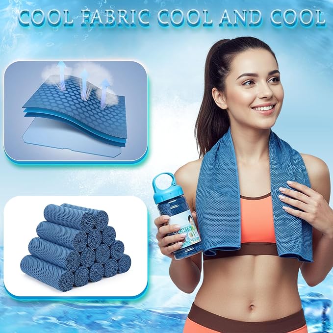 Honoson 20 Pcs Cooling Towels for Neck and Face, 47"x12" Sports Breathable Ice Towels Microfiber Chilly Sweat Rags with Portable Bottle for Gym Golf Athletes Yoga Workout Hot Weather (Light Dark Blue)