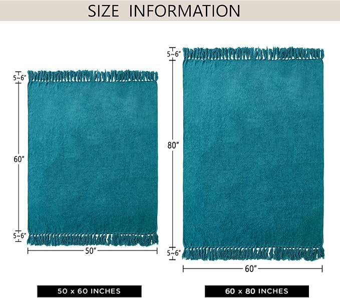Chenille Throw Blanket for Couch 60" x 80" Twin, Teal | Soft Cozy Warm Throws with Fringe Tassel, for Living Room Bed Sofa Chair Cover, Lightweight Knitted Decorative Boho Blankets
