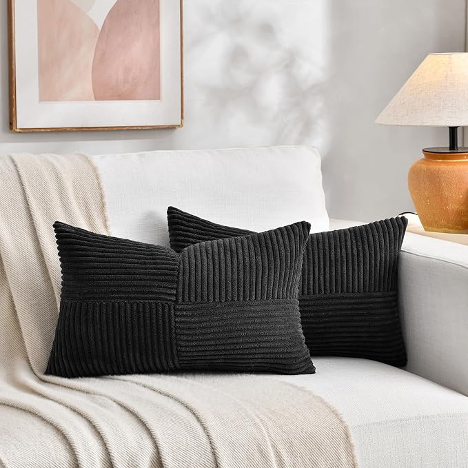 Fancy Homi Set of 1 Black Long Lumbar Decorative Throw Pillow Covers 12x24 Inch for Couch Bed Sofa, Rustic Farmhouse Boho Home Decor, Soft Striped Corduroy Rectangle Accent Cushion Case 30x60 cm