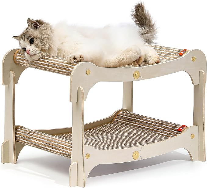Cat Lounger, 2-Tier Wood Bed & Scratcher, Double Layer Cat Hammock Bunk Bed for Indoor Large Cats, Heavy Duty Multi-Cat Lounge Chair Furniture with Durable Jute Pads