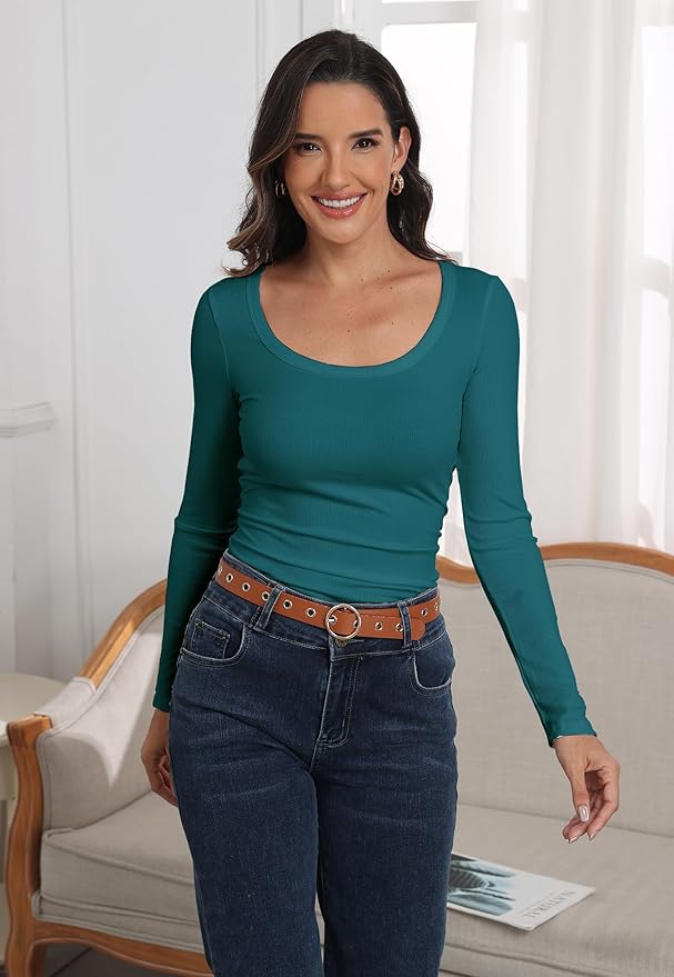 Roselux Womens Long Sleeve Scoop Neck Ribbed Knit Fitted Casual Tops Tee Slim Basic Shirts